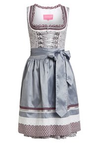 Tradycyjna sukienka dirndl z białą i bordową wzorzystą górą, szarym satynowym fartuszkiem związanym w kokardę w talii oraz dopasowaną spódnicą z dekoracyjnym wykończeniem.