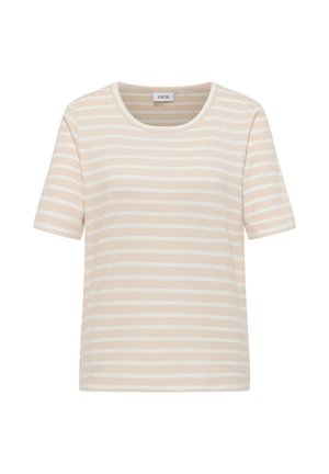 Chemise à manches courtes à rayures horizontales beige et blanche, avec encolure ronde, texture côtelée et étiquette "CECIL" à l'intérieur du col.