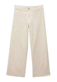 Pantalons larges en tissu beige clair, comprenant une fermeture éclair et un bouton, des passants de ceinture et des poignets retroussés. Texture lisse et design décontracté.