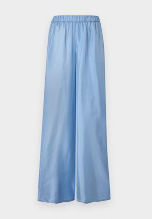 Pantalon large en satin bleu clair avec taille élastique, doté d'une texture lisse et d'une coupe ample, adapté à un port décontracté.