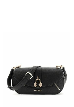 Borsa a spalla Guess in pelle testurizzata nera con tracolla regolabile, lucchetto a forma di G in tono oro e dettaglio con cerniera.