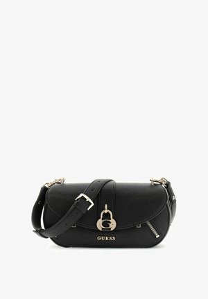 Borsa a spalla Guess in pelle testurizzata nera con tracolla regolabile, lucchetto a forma di G in tono oro e dettaglio con cerniera.