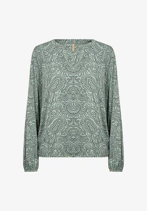 Langärmlige Bluse in Mintgrün mit filigranem schwarzen Paisley-Muster; runder Ausschnitt und elastische Manschetten; leichtes Gewebe mit glatter Textur.
