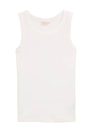 Top senza maniche bianco realizzato in tessuto morbido. Presenta una scollatura arrotondata e una silhouette snella, senza motivi o accenti visibili.