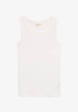 Top alb fără mâneci, realizat dintr-un material moale. Prezintă un gât rotunjit și o siluetă simplă, fără motive vizibile sau accente.