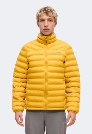 Uomo di fronte che indossa una giacca imbottita giallo brillante con chiusura a zip sul davanti e pantaloni grigi su uno sfondo chiaro e uniforme.