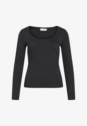 Black long-sleeve top featuring a scoop neckline, slim fit, and smooth texture. Made of lightweight fabric suitable for layering.