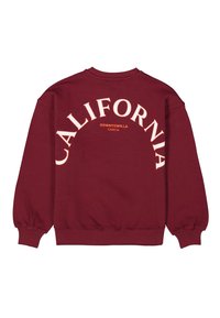 Sudadera burdeos con puños y cintura acanalados. Presenta texto blanco que dice "CALIFORNIA" en forma de arco, con "DOWNTOWN.LA GARCIA" más pequeño debajo.