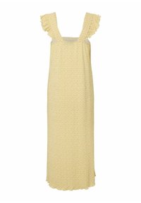 Robe midi jaune pâle sans manches avec bretelles froufroutantes et petit motif floral dispersé.