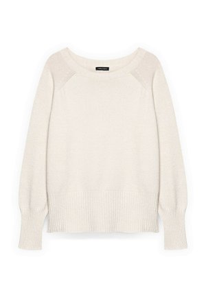 Maglione lavorato a maglia color crema con scollo a barca, polsini e orlo a coste, e tessuto strutturato. Presenta spalle scese e una vestibilità rilassata.