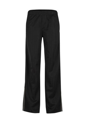 Schwarze Weitbein-Hose mit elastischem Bund und weißen Seitenstreifen aus glattem Stoff.
