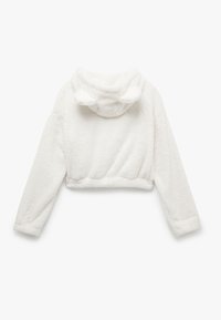 Sudadera corta blanca hecha de un suave tejido de felpa. Cuenta con capucha y mangas largas con puños fruncidos. Textura lisa y diseño minimalista.