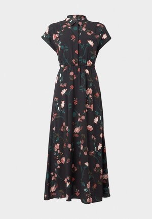 Fekete virágmintás ruha rövid, kerek ujjakkal, gombos elülső résszel, derékban megkötéssel és változatos rózsaszín és zöld virágmintákkal az egész ruhán.