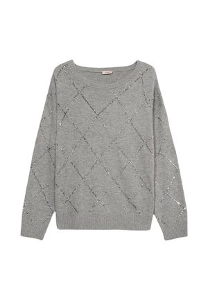 Grauer Strickpullover mit weiter Passform, versehen mit einem Rautenmuster, das durch glitzernden Faden betont wird. Gerippter Halsausschnitt und Saum sorgen für Struktur.