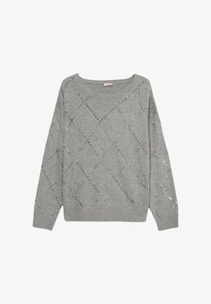 Grauer Strickpullover mit weiter Passform, versehen mit einem Rautenmuster, das durch glitzernden Faden betont wird. Gerippter Halsausschnitt und Saum sorgen für Struktur.