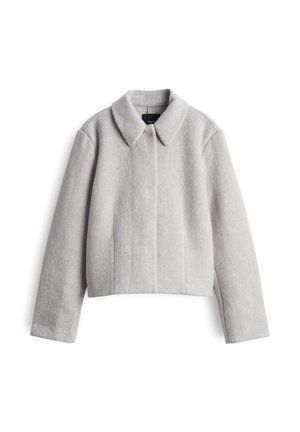 Giacca cropped grigia realizzata in tessuto morbido e texturizzato. Presenta un colletto classico e maniche lunghe con dettagli di cucitura minimali.
