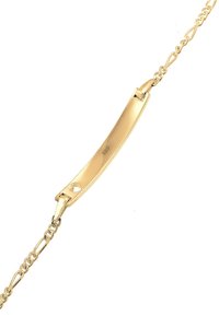 Guldkedja med en slät, böjd bar med en polerad yta. Länkdesign med ett säkert lås. Märkt 925.
