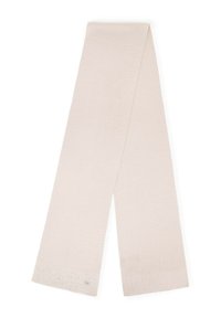 Écharpe beige clair avec une texture côtelée, ornée d'un motif subtil de cristaux clairs le long d'un bord et d'une étiquette accentuée de marque.