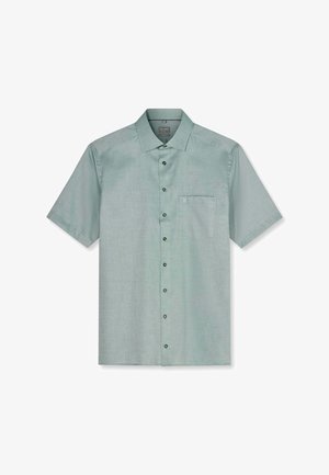 Hellgrünes Hemd mit kurzen Ärmeln, Knopfleiste, klassischem Kragen und einer Brusttasche, auf weißem Hintergrund dargestellt.