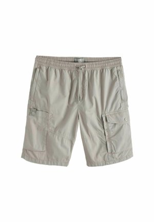 Šviesiai pilki vyriški cargo šortai su elastine juosmens juosta, raišteliu, dviem šoninėmis kišenėmis ir dviem kišenėmis su sagomis ant kojų.