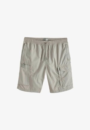 Hellgraue Herren-Cargoshorts mit elastischem Bund, Kordelzug, zwei seitlichen Taschen und zwei Cargotaschen mit Knopfklappe an den Beinen.