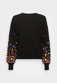 Black sweatshirt with floral embroidery in shades of blue, orange, yellow, and pink on the sleeves. Crew neck and ribbed cuffs.