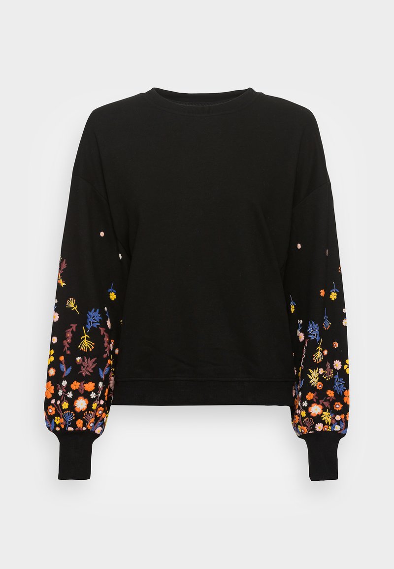 Black sweatshirt with floral embroidery in shades of blue, orange, yellow, and pink on the sleeves. Crew neck and ribbed cuffs.
