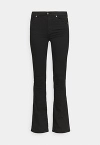 Jeans pretos com boca de sino feitos de denim, apresentando um fecho de botão, dois bolsos frontais e detalhes de costura mínimos. Textura suave em toda a peça.