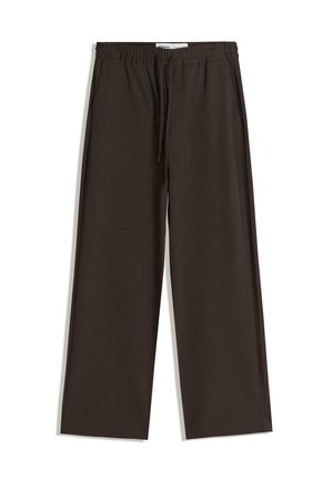 Dark brown, wide-leg pants made from soft fabric. Features an elastic waistband with drawstring and side pockets. Smooth texture.