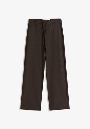 Dark brown, wide-leg pants made from soft fabric. Features an elastic waistband with drawstring and side pockets. Smooth texture.