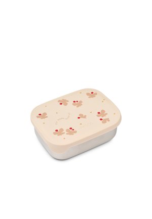 Boîte à lunch rectangulaire avec couvercle en silicone beige, décorée de motifs de feuilles rouges et brunes, et fond en acier inoxydable argenté.