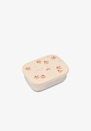 Boîte à lunch rectangulaire avec couvercle en silicone beige, décorée de motifs de feuilles rouges et brunes, et fond en acier inoxydable argenté.
