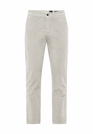 Beige corduroy broek met een recht model, voorzien van een rits en knoopsluiting. De stof heeft een geribbelde textuur en een zachte afwerking.