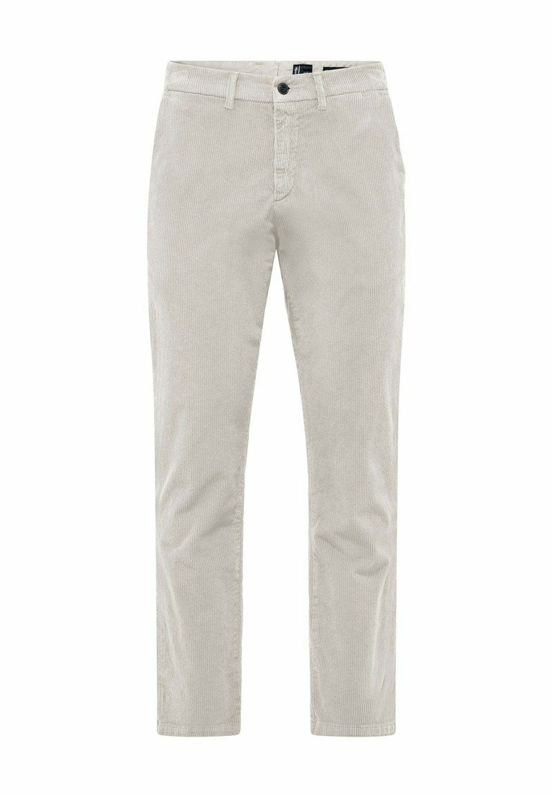 Pantaloni in corduroy beige con design a gamba dritta, con chiusura a zip e bottone. Il tessuto presenta una texture a coste e una finitura morbida.