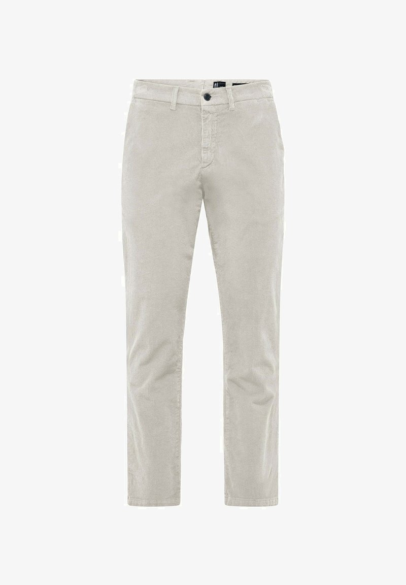 Beige Cordhosen mit geradem Schnitt, ausgestattet mit einem Reißverschluss und einem Knopfverschluss. Der Stoff hat eine gerippte Textur und eine weiche Oberfläche.