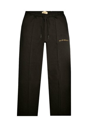 Pantalones de chándal negros con cintura de cordón, que presentan una textura suave y un bordado dorado "PAS DE MONACO" en el muslo izquierdo.