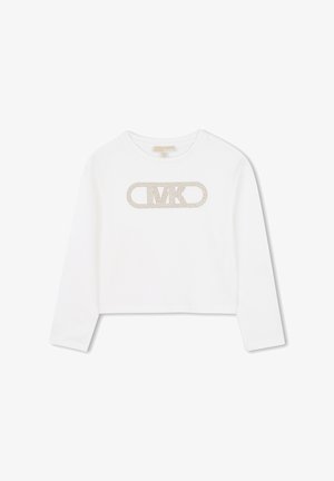 Weißes, kurz geschnittenes Langarmshirt mit rundem Ausschnitt, das mit Strassverzierungen verziert ist, die "MK" auf der Vorderseite spell. Weicher Baumwollstoff.