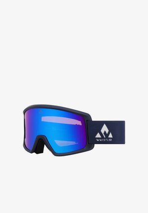 Skig goggles met een matte marineblauwe rand en een groot blauw-violet spiegeltje, voorzien van een zachte schuimvoering en een verstelbare stoffen band met logo.