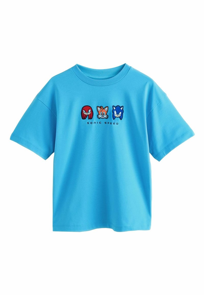 Blaue Baumwoll-T-Shirt mit drei gestickten Charaktergesichtern: Knuckles, Tails und Sonic, mit dem Schriftzug "SONIC SPEED" darunter.