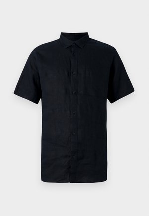 Īsām piedurkņu, tumši zila linu krekls ar pogu pie kakla, ar priekšējo pogu plāksni un gludu, teksturētu virsmu.