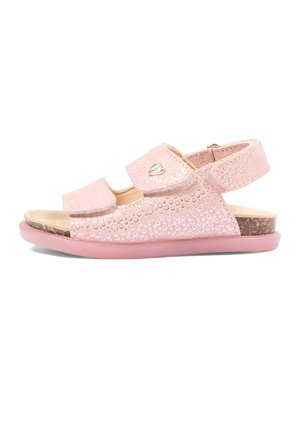 Sandalo rosa per bambini piccoli con cinturini regolabili, tomaia glitterata e testurizzata, sottopiede in sughero e suola piatta in gomma.