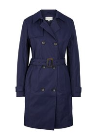 Námořnický trenčkot z texturované látky, s dvouřadým zapínáním, páskem v pase a límcem s výstřihy a knoflíkovými detaily.