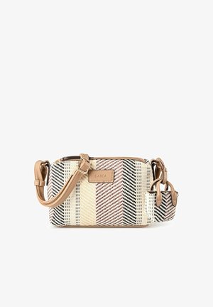 Kleine rechteckige Umhängetasche und passender kleiner Handtaschenanhänger mit beige, schwarzen und kastanienbraunen gewebten Streifen und braunen Lederriemen.