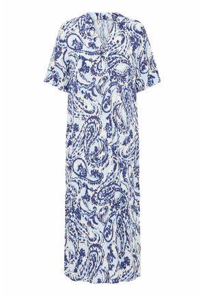 Vestido de manga corta en tejido azul claro con un patrón de paisley en azul oscuro, con escote en V y corte relajado.