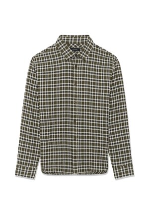 Knappled skjorta i olivgrön och vit rutmönster, med krage, långa ärmar och bruna knappar fram. Mjuk tygkänsla.