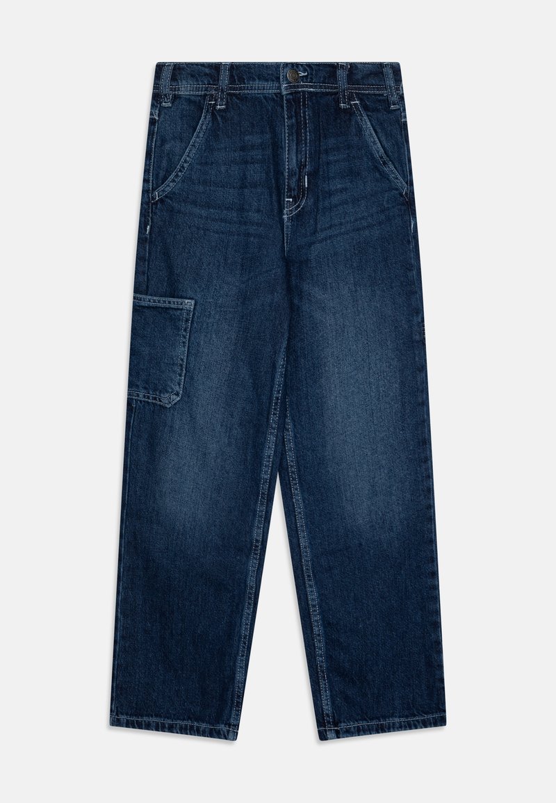 Temno modre denim hlače s širokim krojem, ki imajo sprednje žepke in stranski našitek žep. Naravnost krojena z manjšimi detajli šivanja.