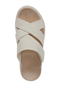 Witte slipper sandaal met kruislingse, gestructureerde bandjes, een zachte binnenkant en een lichte zool met reliëf branding op de binnenzool.