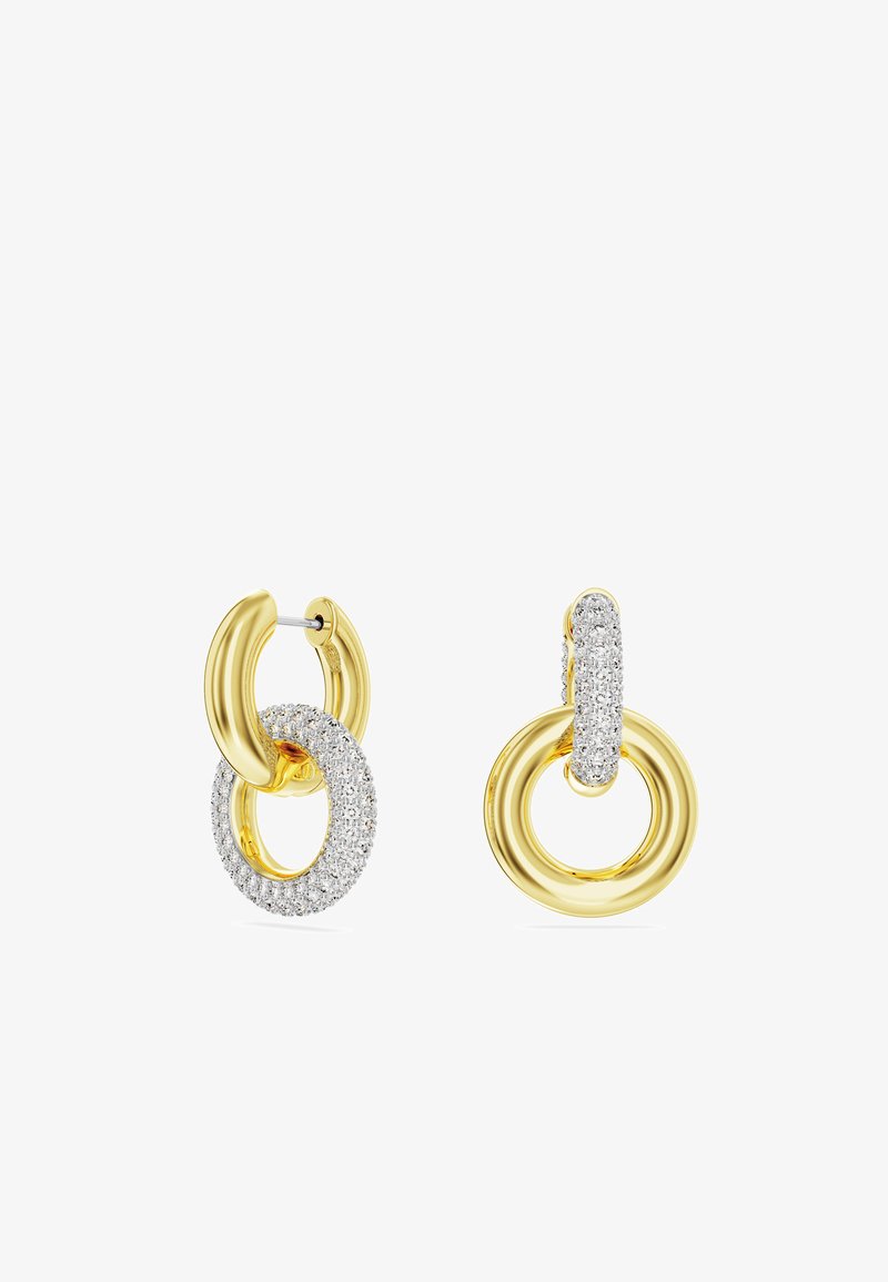 Pendientes de oro en forma de aro que presentan círculos entrelazados, uno liso y brillante, y el otro engastado con piedras transparentes brillantes.