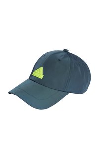 Cappellino da baseball blu scuro con visiera curvata e un accento logo verde testurizzato. Presenta dettagli ricamati e fori di ventilazione sui lati.