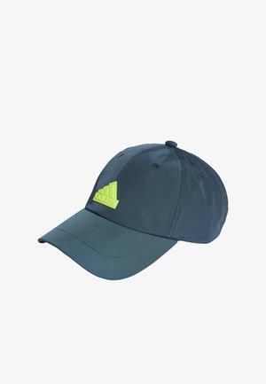 Cappellino da baseball blu scuro con visiera curvata e un accento logo verde testurizzato. Presenta dettagli ricamati e fori di ventilazione sui lati.